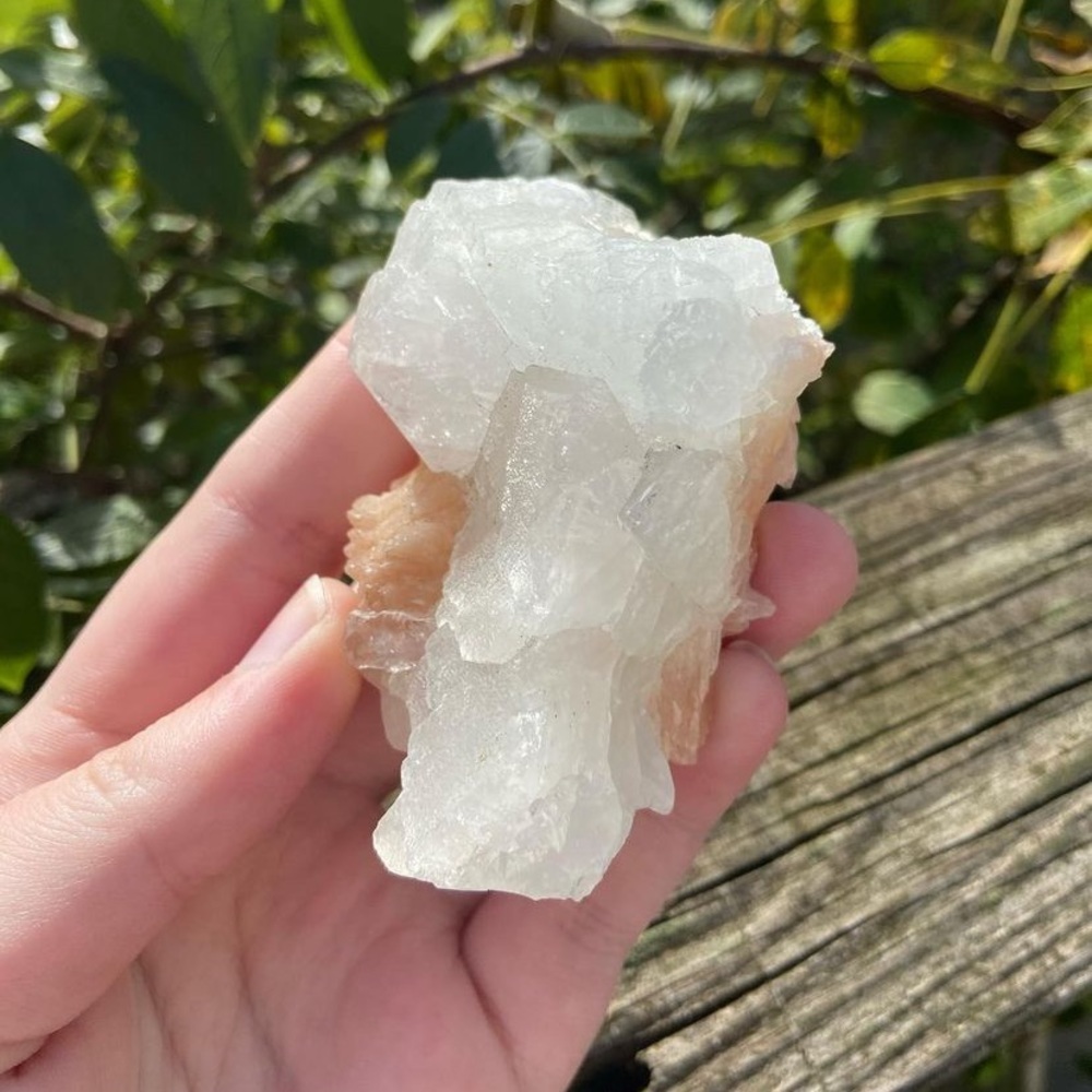 Apophyllite and green and pink peach zeolite/stilbite crystal cluster